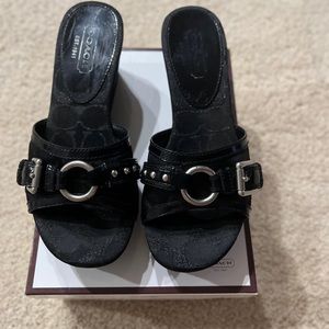 Coach, Faye wedge sandal, in black canvas with patent accents, size 6.5.